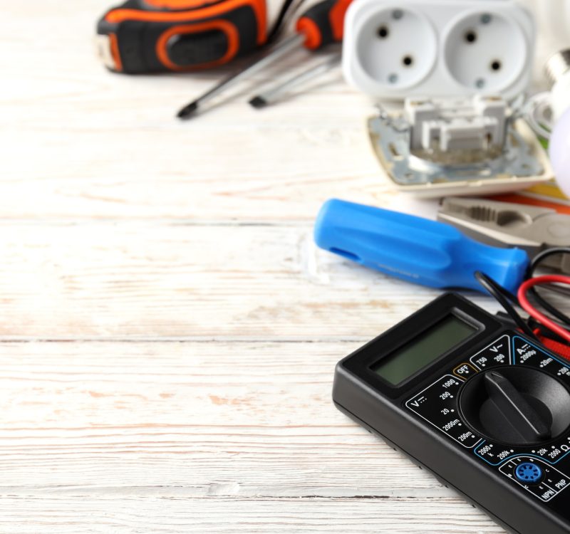 Concept of electrician tools, space for text