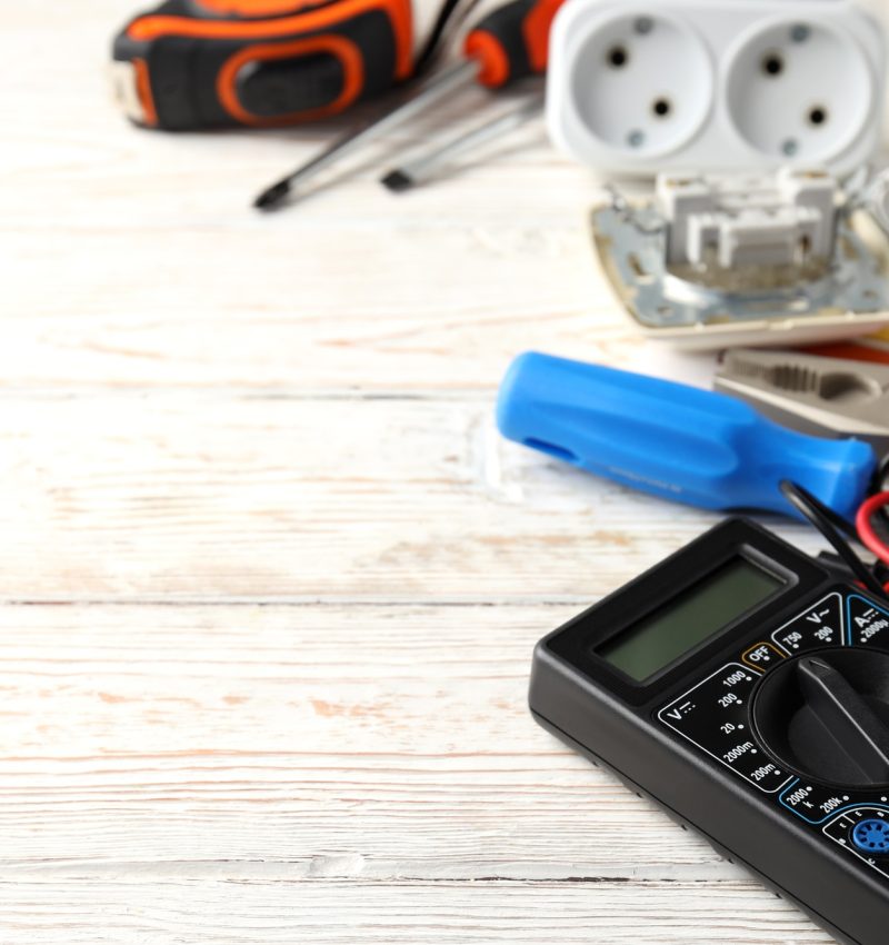 Concept of electrician tools, space for text